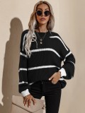 Women Spring Black Striped Pullover Loose Sweaters