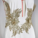 Women Summer White Deep-V Sleeveless High Slit Applique Evening Dress
