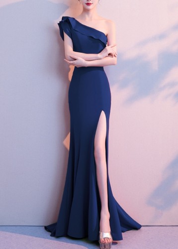 Women Summer Royal Blue Formal One Shoulder Shoulder High Slit Mermaid Evening Dress