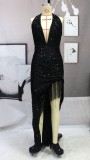 Women Summer Black Sexy Deep-V Sleeveless Irregular Sequins Evening Dress