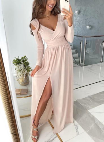 Women Spring Pink Long Sleeves V-Neck Slit Long Evening Dress