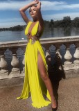 Women Summer Yellow Deep-V Sleeveless High Slit Applique Evening Dress