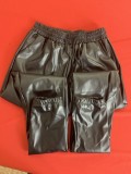 Women Spring Black Drawstrings Leather Pants