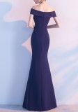 Vestido de noche de sirena con abertura alta y hombros descubiertos formal azul real de verano para mujer