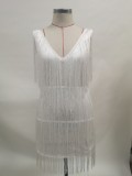 Women Summer White V-Neck Sleeveless Fringe Mini Club Dress