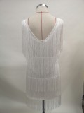 Women Summer White V-Neck Sleeveless Fringe Mini Club Dress