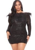 Women Spring Black Sequins Off Shoulder Feather Bodycon Plus Size Club Dress