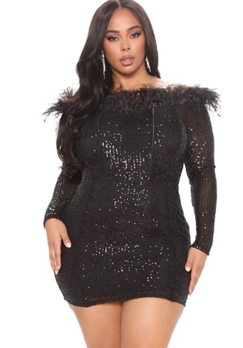 Женское весеннее черное облегающее платье с открытыми плечами и перьями с пайетками, клубное платье больших размеров