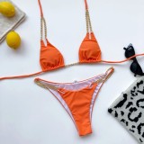 Women Orange Sexy Metal Chains Micro Two-Piece Swimwear