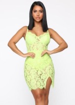 Women Summer Green Floral Lace Slit Strap Mini Club Dress