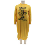 Lente Plus maat casual gele letter Pring lange mouw met capuchon midi-jurk