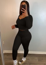Women Spring Black Ribbed Tight Fitting Crop Top and High Waist Pants Two Piece Set