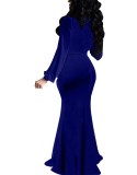Spring Women Elegant Blue V-neck Long Sleeve Mermaid Evening Dress