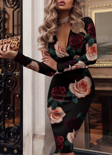 Frühling Frauen Elegantes Blumendruck V-Ausschnitt Langarm Slim Fit Formales Midikleid