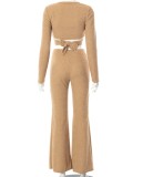 Winter Casual Khaki Fleece V-neck Long Sleeve Crop Top and Wide-legged Pants Wholesale Women'S Two Piece Sets