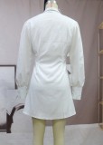 Spring Women Sexy White Button Up High Neck Long Sleeve A-line Party Dress