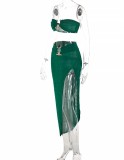 Summer Women Sexy Green Strapless Crop Tube Top and High Waist Slit Maxi Skirt Wholesale Two Piece Sets
