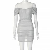Summer Women Sexy Silver Off Sholder Short Sleeve Ruched Party Dress