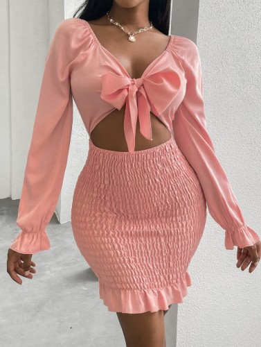Spring Women Sexy Pink V-neck Big Bow Cutout Long Sleeve Ruffled Ruched Bodycon Dress