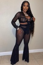 春の女性セクシーな黒のメッシュシースルーボウタイド長袖クロップトップとハイワシットビーズフレアパンツナイトクラブ卸売ツーピースセット