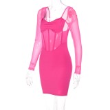 Spring Women Sexy Rose Red Square Neck See Through Long Sleeve Corset Bodycon Dress