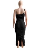 Spring Women Sexy Black One Shoulder Sleeveless Ruched Long Party Dress