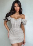 Summer Women Sexy Silver Off Sholder Short Sleeve Ruched Party Dress