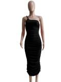 Spring Women Sexy Black One Shoulder Sleeveless Ruched Long Party Dress