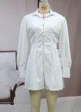 Spring Women Sexy White Button Up High Neck Long Sleeve A-line Party Dress