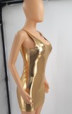 Spring Women Sexy Straps Golden Faux PU Leather Slim Fit Bodycon Club Dress
