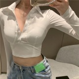 Spring Women Sexy White Turndown Collar Button Up Long Sleeve Crop Slim Blouse