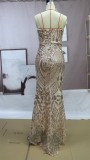Spring Women Sexy Golden Sequins Straps Slim Slit Mermaid Evening Dress