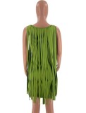 Summer Women Sexy Green U-neck Sleeveless Fringe Tassels Bodycon Dress