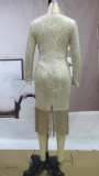 Spring Women Elegant Golden Sequins O-neck Long Sleeve Fringe Tassels Party Dress