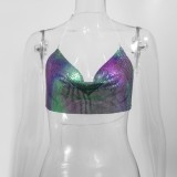 Summer Women Sexy Bling Bling Multicolor Metal Chain Backless Nightclub Tube Top