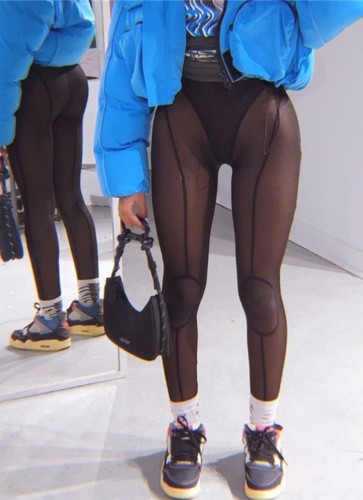 Lente dames sexy zwarte doorschijnende mesh patch slim fit legging