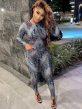 Spring Women Sexy Gray Printed Round Neck Long Sleeve Slim Fit Top and Pants Cheap Wholesale Two Piece Sets