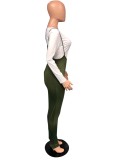 Spring Women White O-neck Long Sleeve T-shirt and Slim Green Bib Romper Wholesale Women'S Two Piece Sets