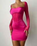 Spring Women Sexy Rose Red Square Neck See Through Long Sleeve Corset Bodycon Dress