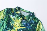 Spring Women Casual Green Printed Turndown Collar Button Up Long Sleeve Blouse and Shorts Wholesale Two Piece Short Set