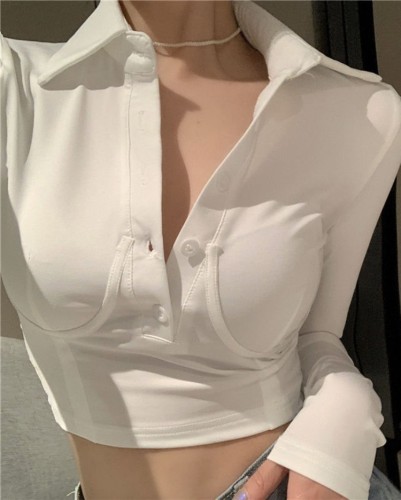 Spring Women Sexy White Turndown Collar Button Up Long Sleeve Crop Slim Blouse