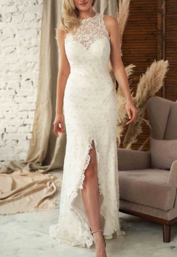 Spring Women Elegant White Overall Lace Sleeveless Slit Bridal Wedding Dress