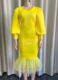 Winter Yellow Bubble Bead Puffed Long Sleeve Mesh Bodycon Dress