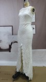 Spring Women Elegant White Overall Lace Sleeveless Slit Bridal Wedding Dress