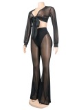 Spring Women Sexy Black Mesh See Through Bow Tied Long Sleeve Crop Top and High Wasit Beaded Flare Pants Nightclub Wholesale Two Piece Sets