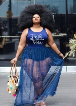 Summer Women Plus Size Black Printed Beaded Sleeveless See Through Maxi Dress
