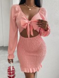 Spring Women Sexy Pink V-neck Big Bow Cutout Long Sleeve Ruffled Ruched Bodycon Dress
