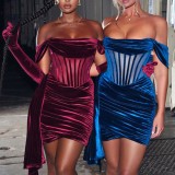 Spring Women Sexy Burgundy Red Velvet Transparent Off Shoulder Slim Ruched Club Dress