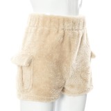 Winter Women Casual High Waist Pocket Beige Fleece Shorts