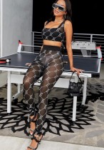 Frühling Frauen Sexy Schwarz Gedruckt Mesh Durchsichtige Träger Crop Tank und Hohe Taille Hosen Großhandel Zweiteilige Sets
